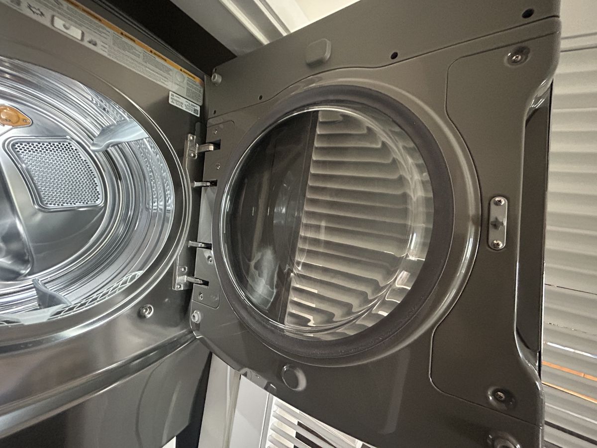 Open dryer door showing the drum and door seal